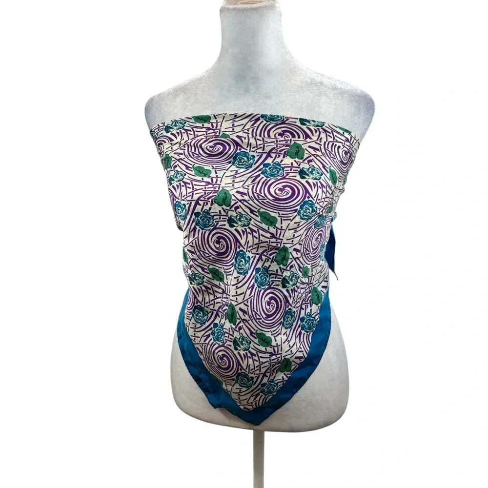 Ladies Vintage Perry‎ Ellis 100% Silk Blue and Purple Floral Scarf